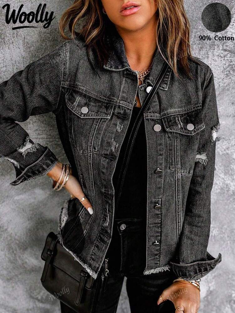 Distressed Hem Single-Breasted Pocket Design Casual Denim Jacket | SHEIN