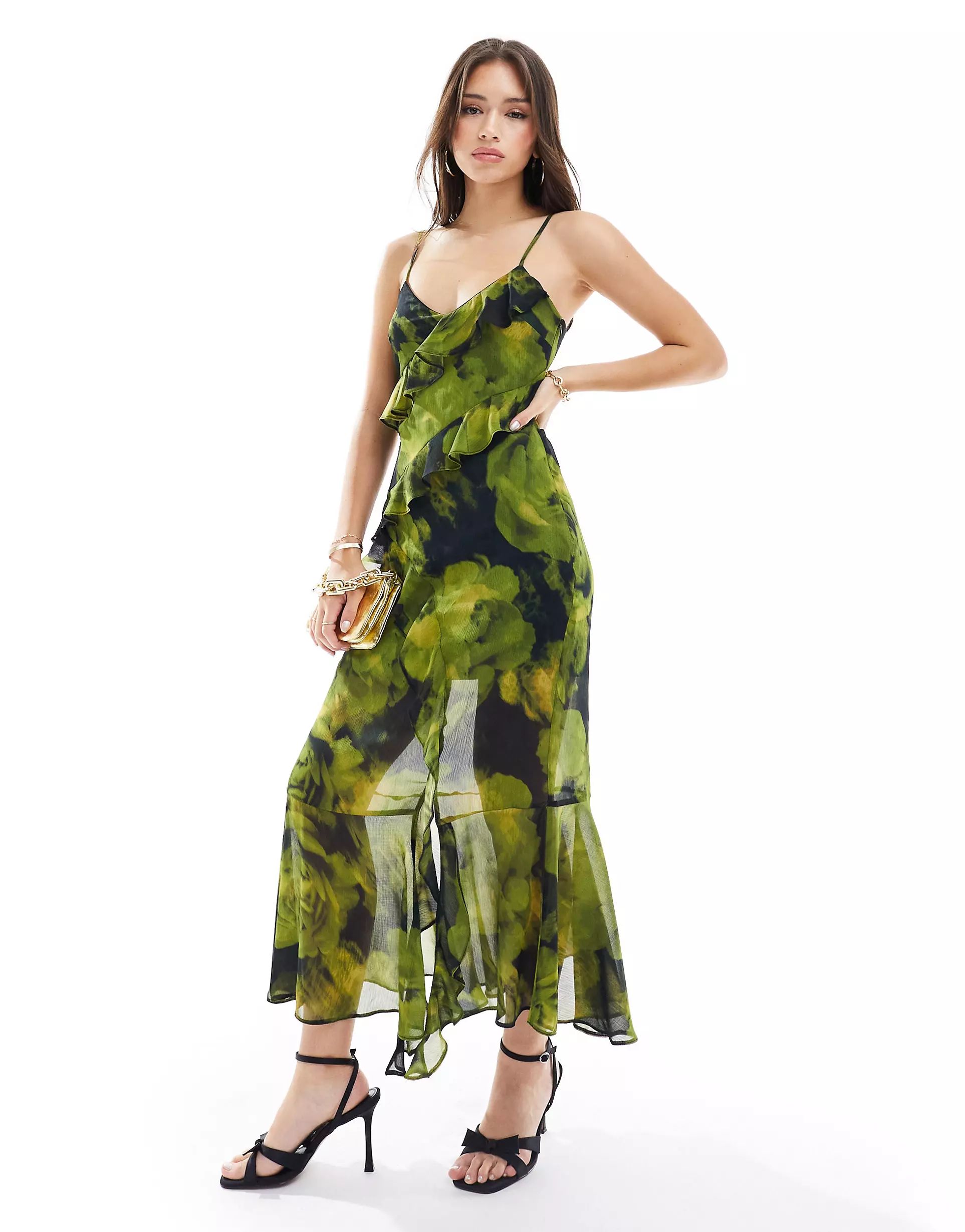 Miss Selfridge - Robe longue en mousseline à fleurs et volants asymétrique - Vert | ASOS (Global)