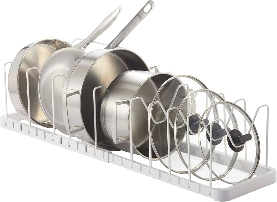 YAMAZAKI Home Tower Adjustable Lid & Pan Organizer \u2013 Kitchen Drawer Storage Shelf Rack | Amazon (US)