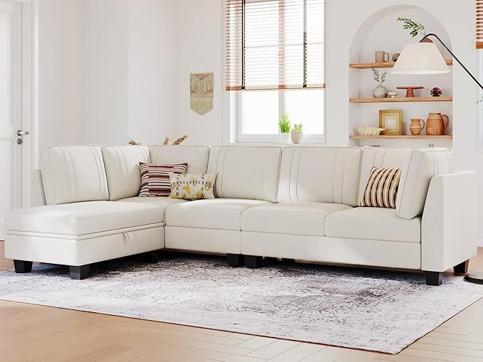 Belffin L Shaped Sofa Velvet Reversible Sectional Sofa with Storage Ottoman Convertible Cream L-S... | Amazon (US)