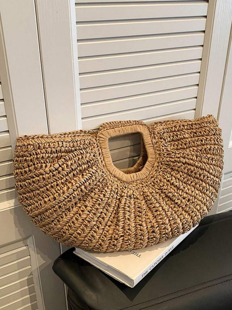 1pc Large Capacity Khaki Handbag Tote Bag Woven Bag Open Straw Bag Round Bag For Travel And Vacat... | SHEIN