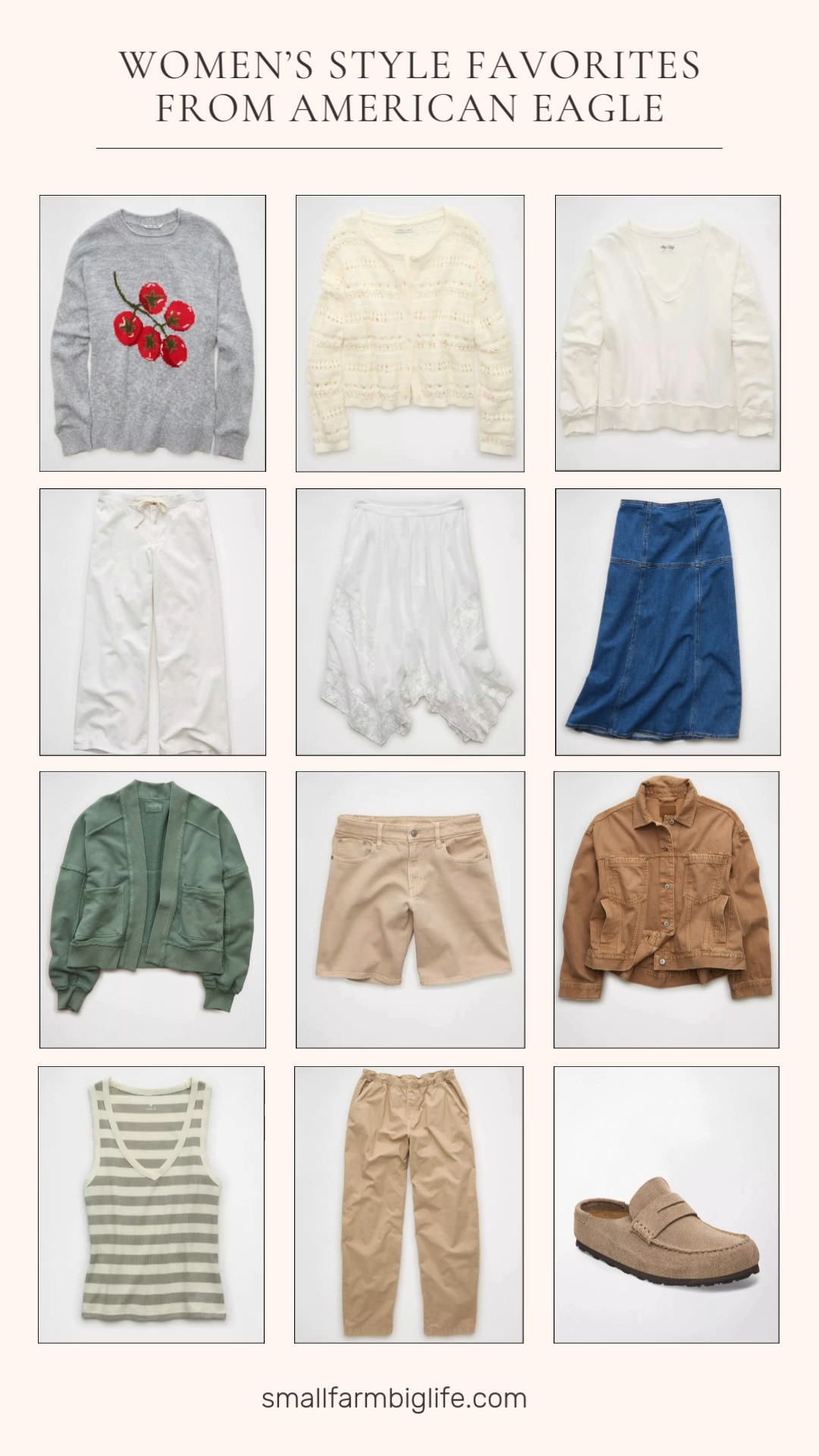 Easy, casual style with a playful twist 🤍 These American Eagle favorites mix cozy layers and everyday staples. Think a tomato print sweater, cream open stitch cardigan, and green cardigan sweatshirt paired with white jeans, denim skirts, or tan denim shorts. Finished with a striped tank, comfy clogs, and neutral bottoms for effortless outfits you’ll wear on repeat. 

 #LTKootd #LTKOver40 #LTKSaleAlert