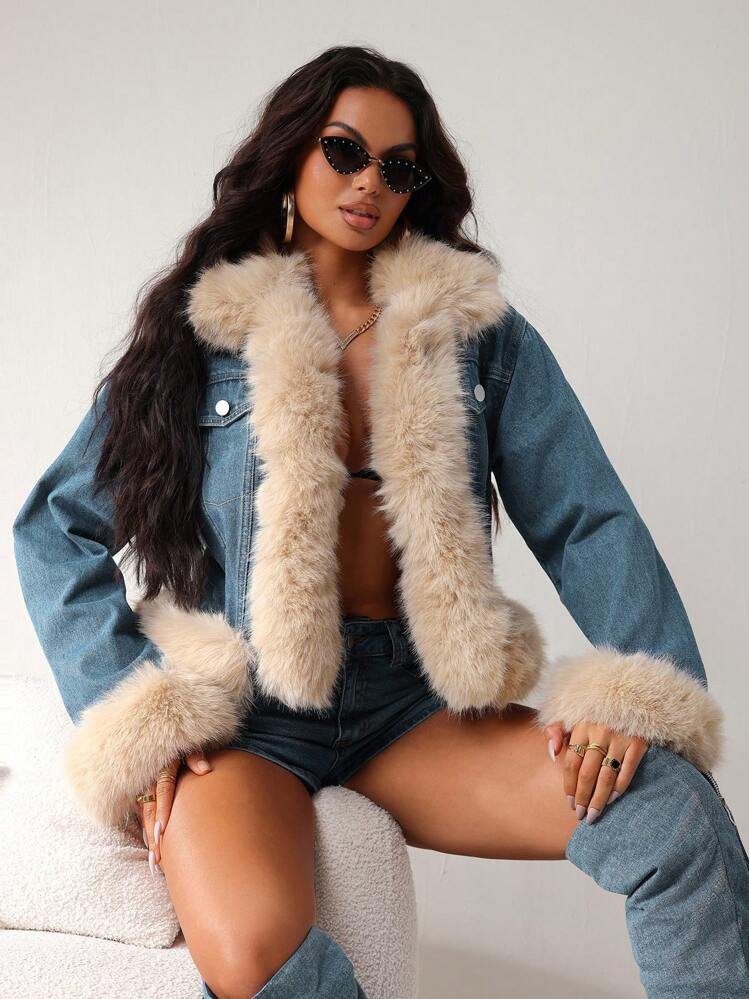 SHEIN SXY Women Casual Patchwork Furry Trim Denim Jacket, Autumn/WinterThermal Thickened Denim | SHEIN