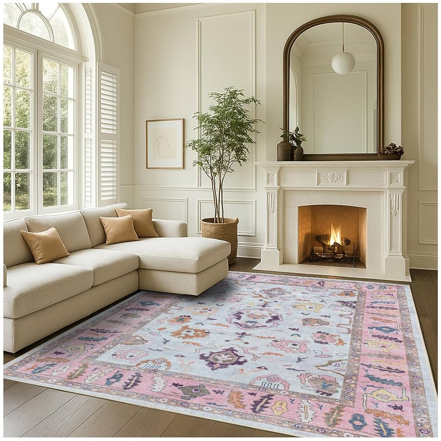 Fame Rugs Modern Oushak Rug. Vintage Turkish Pink Beige Oriental Antique Inspired Washable Area R... | Amazon (US)