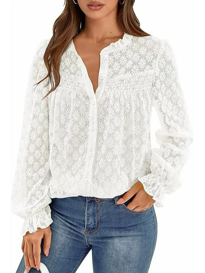 PRETTYGARDEN Lace Long Sleeve Tops for Women Eyelet Blouses Dressy Casual Hollow Out Button Down ... | Walmart (US)
