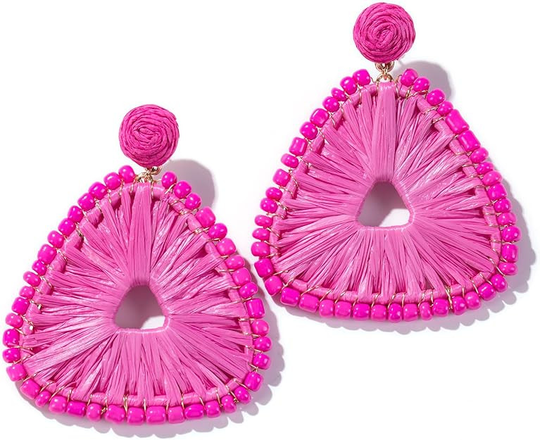 Statement Raffia Earrings for Women, Boho Geometric Triangle Earrings Beaded - Trendy Summer Ratt... | Amazon (US)