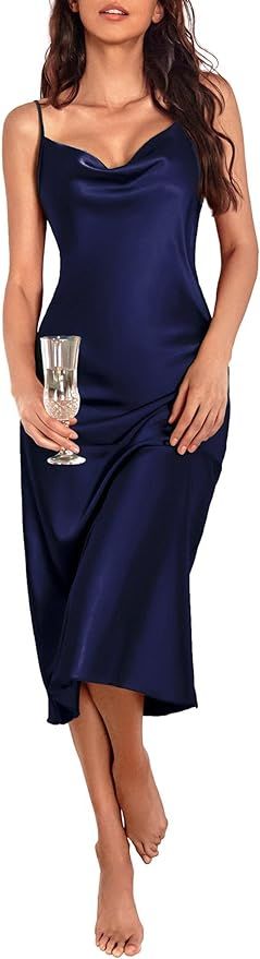 Ekouaer Womens Satin Nightgown Sexy Lingerie Sleepwear Spaghetti Strap Cowl Neck Elegant Long Sli... | Amazon (US)