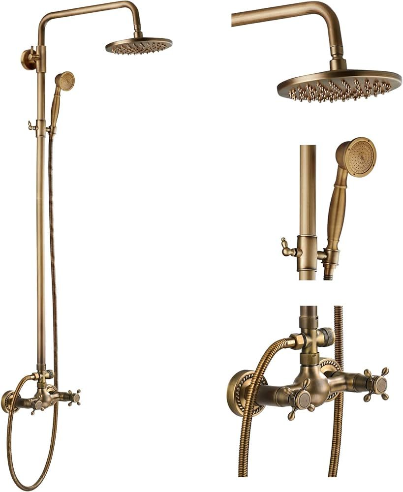 Antique Brass Bathroom Shower Faucet Set Shower Fixture 8 Inch Rainfall Shower Head Handheld Show... | Amazon (US)