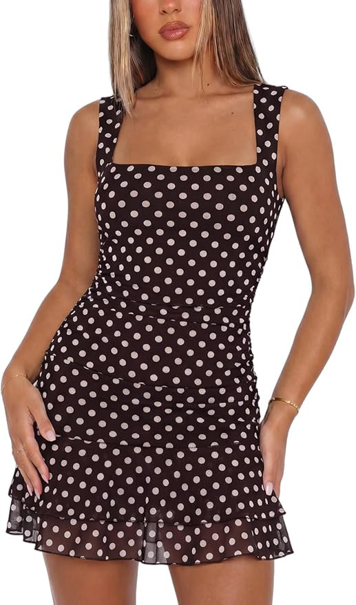 UNCOOYEE Women's Sexy Square Neck Ruched Mesh Bodycon Dress Ruffle Hem Sleeveless Cocktail Party ... | Amazon (US)