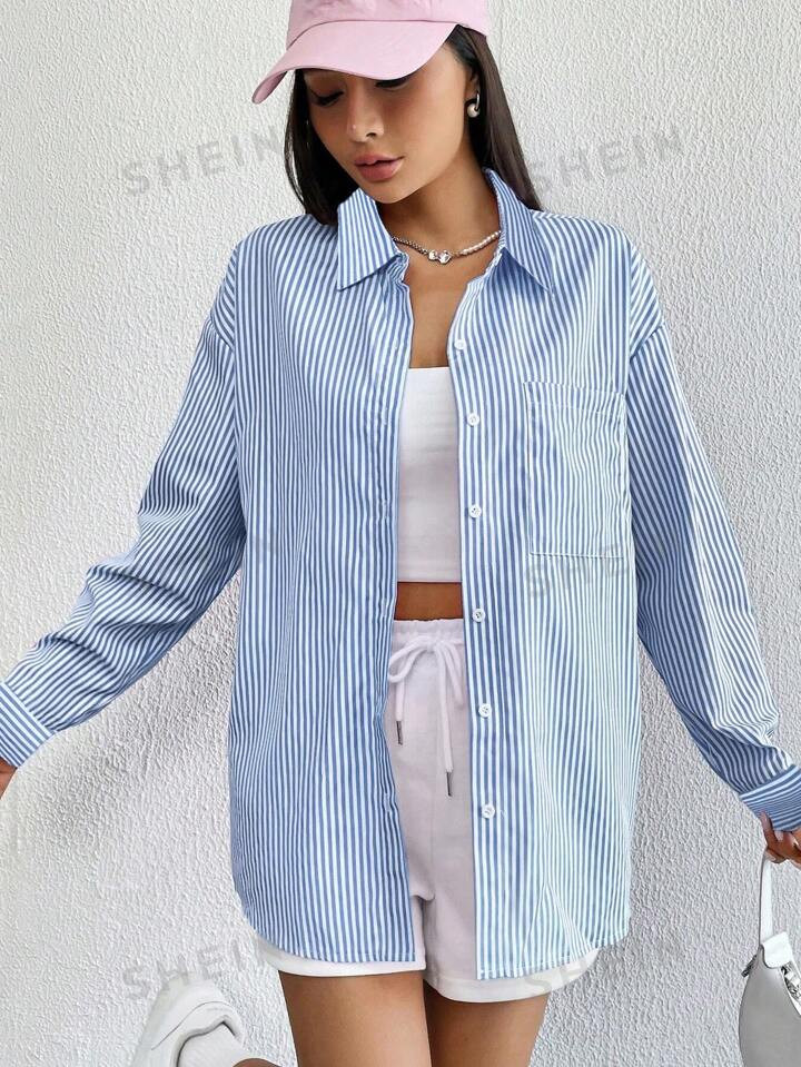 SHEIN EZwear Long Sleeve Button-Up Striped Casual Shirt | SHEIN USA | SHEIN