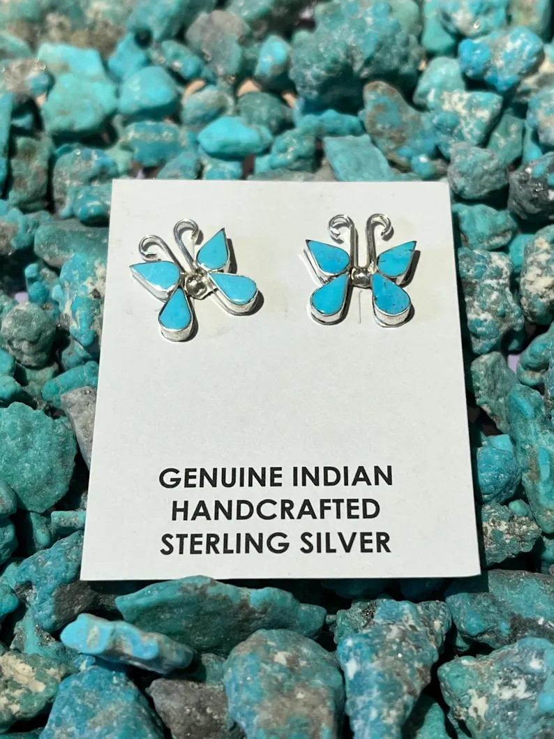 Genuine Indian Handcrafted Turquoise Butterfly Sterling Silver Post Earrings - Etsy | Etsy (US)