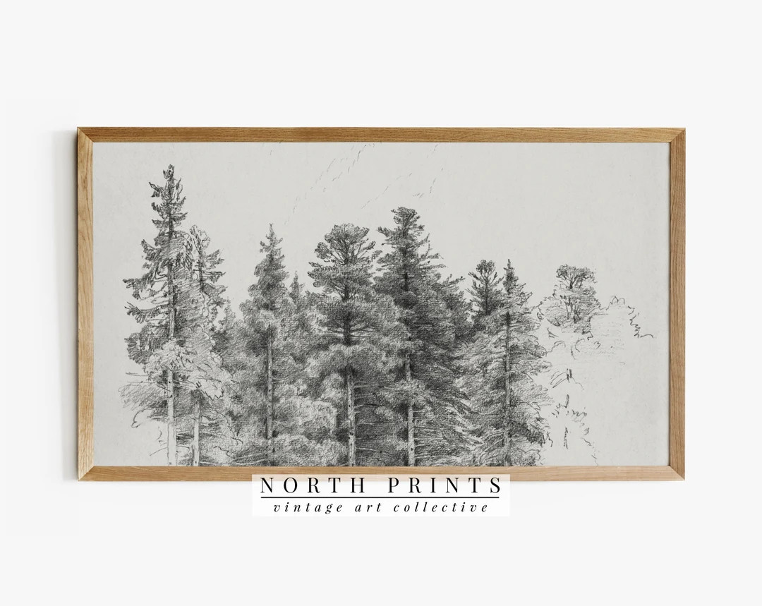Samsung Frame TV Art, Vintage Neutral Pine Tree Sketch DIGITAL Art, North Print #TV146 - Etsy | Etsy (US)