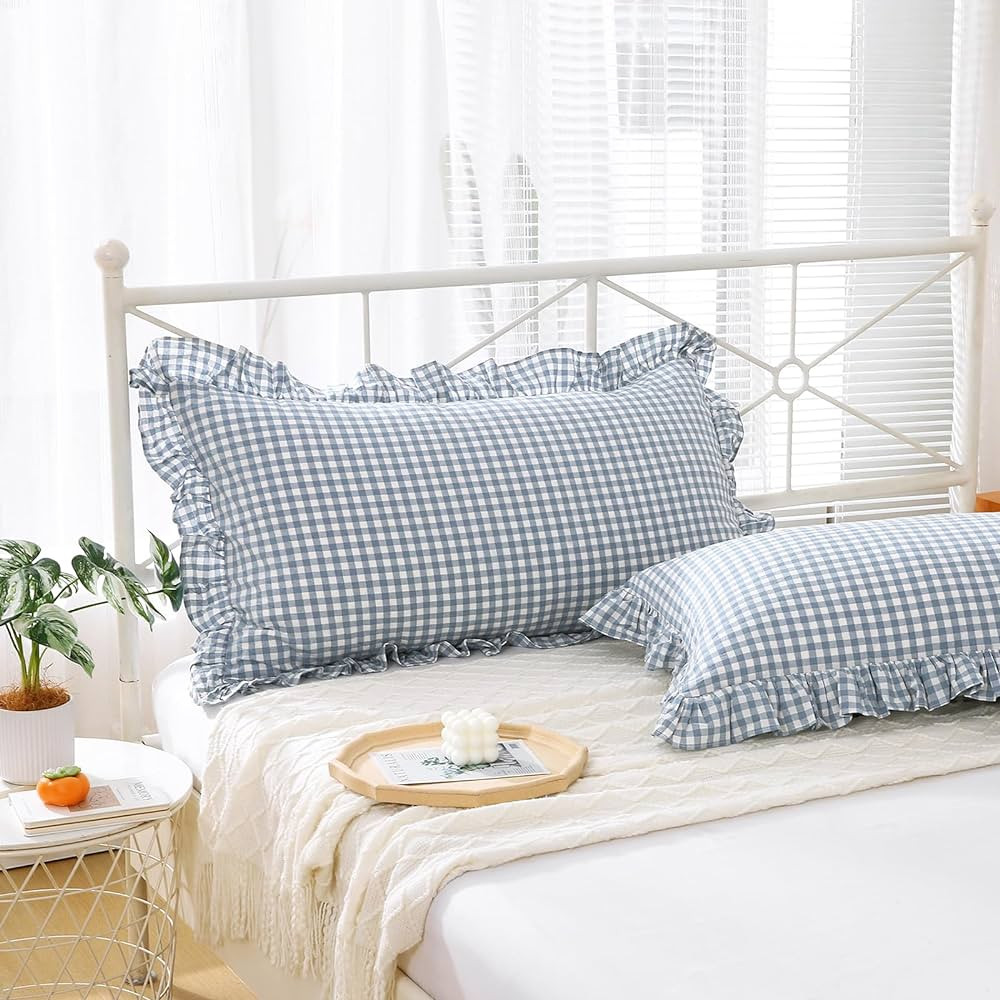 2 Pack Dusty Blue Plaid Ruffle Gingham King Size Pillow Shams 20x36 inches, 100% Cotton Checkered... | Amazon (US)