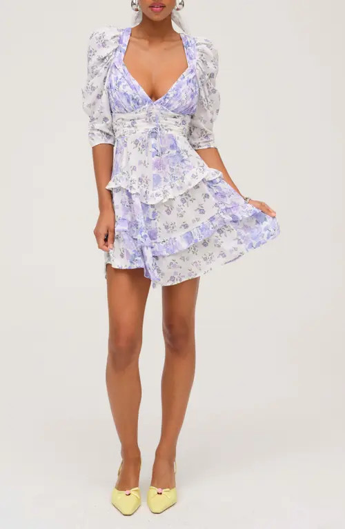 For Love & Lemons Rosalyn Print Ruffle Puff Sleeve Minidress in Purple at Nordstrom, Size X-Large | Nordstrom