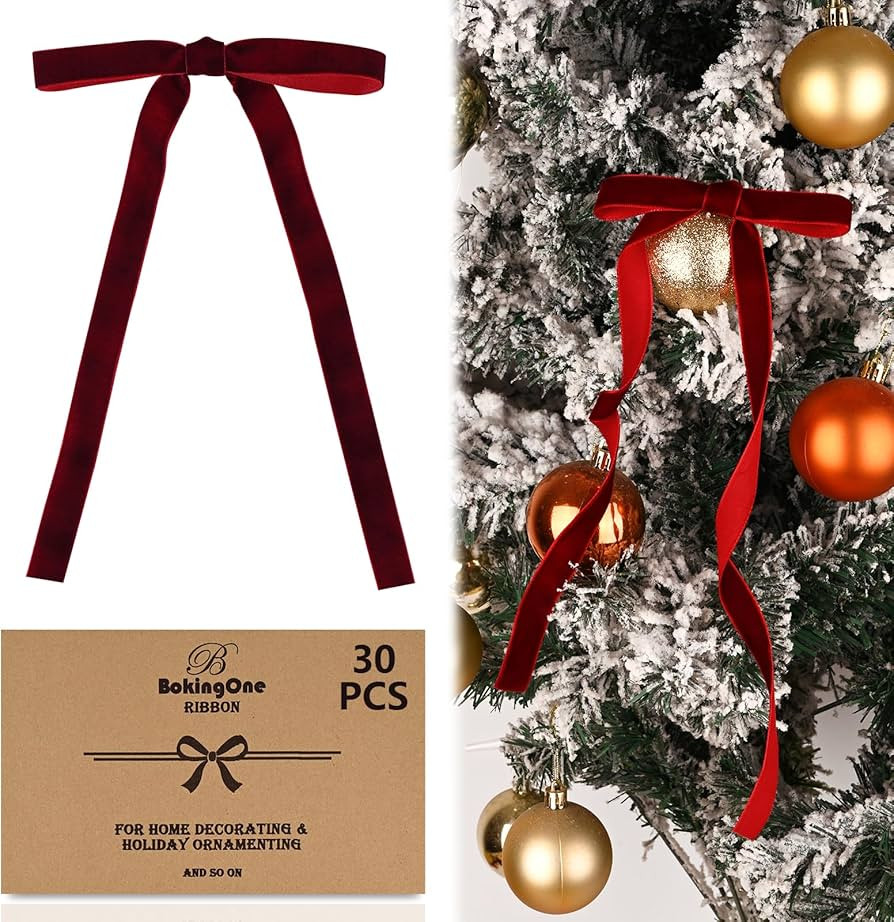 30 Pcs Wine Red Velvet Christmas Bows for Tree, Wreath & Garland Decor Velvet Ribbon Bows Elegant... | Amazon (US)