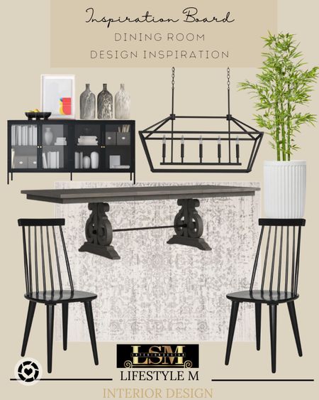 Dining room inspiration look. Love the look? Recreate it at home by shopping below. Black dining table. Dining room pendant light, chandelier, dining chairs, buffet console table, dining room rug, planters, faux tree, decor vases. 

#LTKSeasonal #LTKstyletip #LTKhome