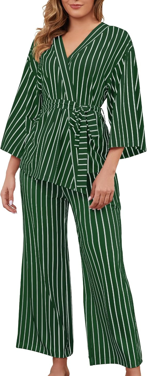 VibeVista Striped Pajamas for Women Set Kimono Lounge Sets 2 Piece Long Sleeve Pajama Tops and Pa... | Amazon (US)