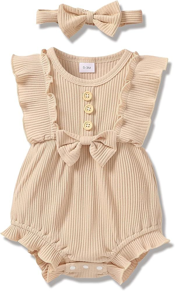 Newborn Baby Girls Clothes 0-18M Infant Girl Outfits Cute Little Girl Jumpsuit Button Solid Color Ro | Amazon (US)