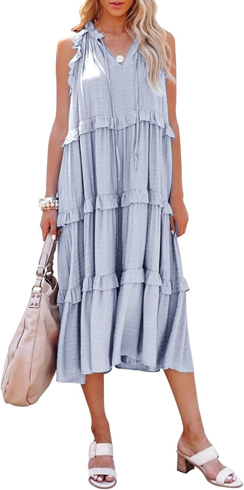 Fazortev Women Summer Tiered Ruffle Boho Midi Dress Sleeveless V Neck Loose Fit Casual Smocked Fl... | Amazon (US)