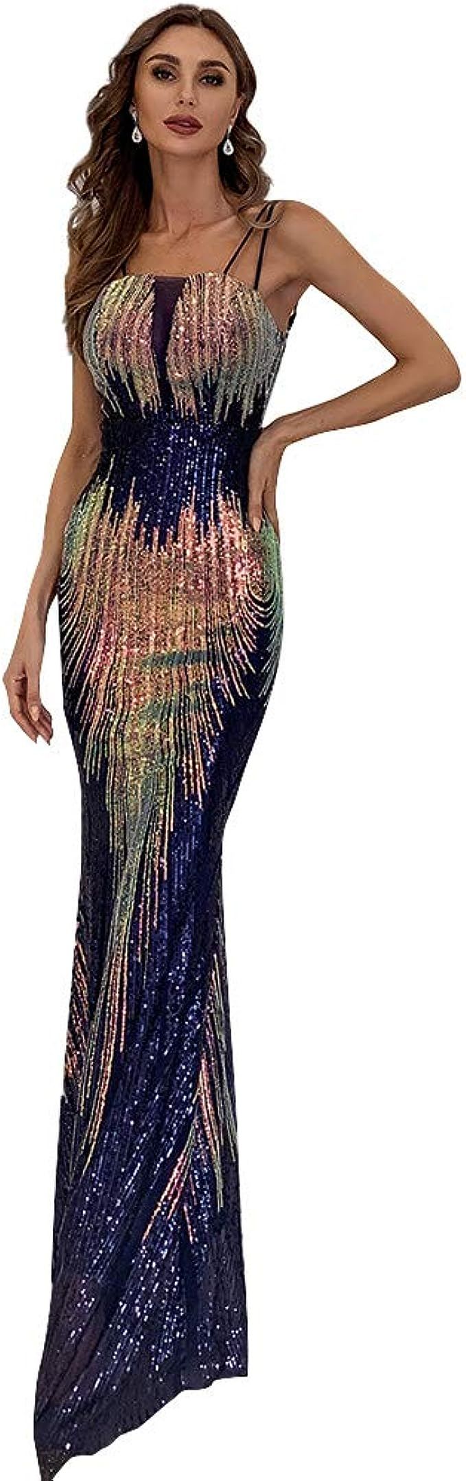 Miss ord Women's Formal Double Strap Dress Sequin Floor-Length Mermaid Backless Cami Gown | Amazon (US)