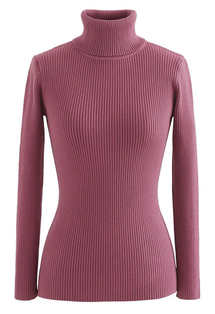 Turtleneck Ribbed Fitted Knit Top in Berry | Chicwish