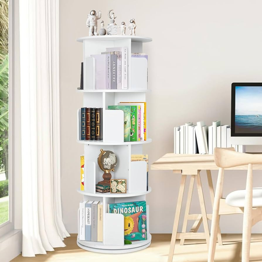 Rotating Bookshelf,Wooden Rotating Corner 4-Tier 360 Display Spinning Floor Standing Bookcase Whi... | Amazon (US)