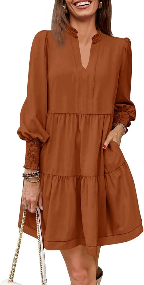 Imily Bela Womens Fall Long Sleeve Tunic Dress Casual V Neck Loose Ruffle Tiered Dress | Amazon (US)