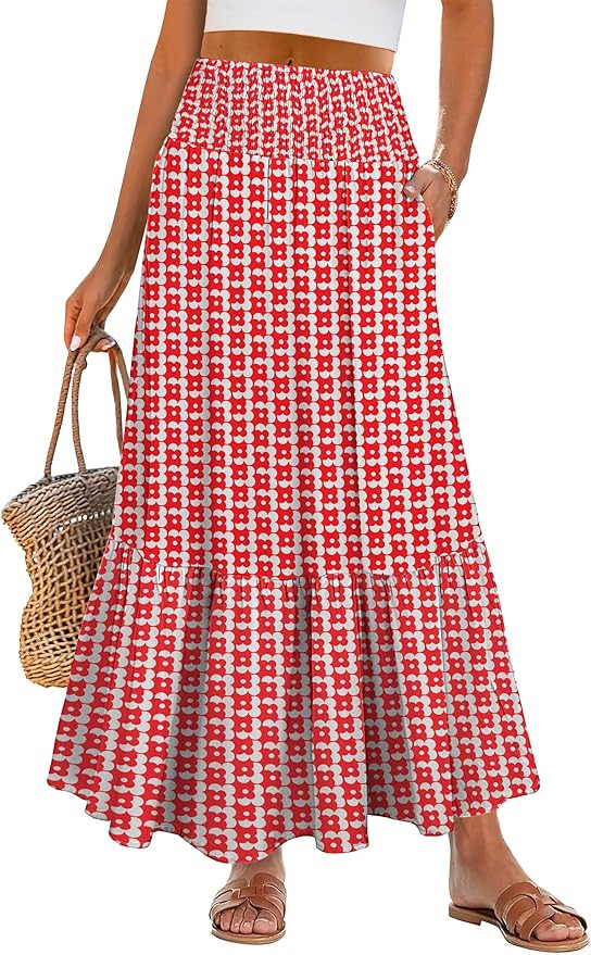 ANRABESS Women Boho Floral Maxi Skirts, High Waisted Tiered Skirt, Flowy Beach Skirts with Pocket... | Amazon (US)