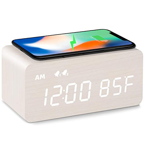 MOSITO Digital Wooden Alarm Clock with Wireless Charging, 0-100% Dimmer, Dual Alarm, Weekday /Weeken | Amazon (US)