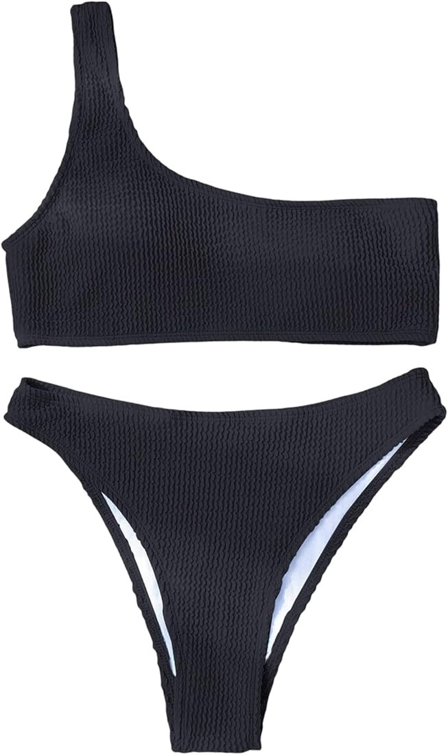 SheIn Women's One Shoulder Bikini Set High Cut Solid Two Piece Bathing Suit | Amazon (US)