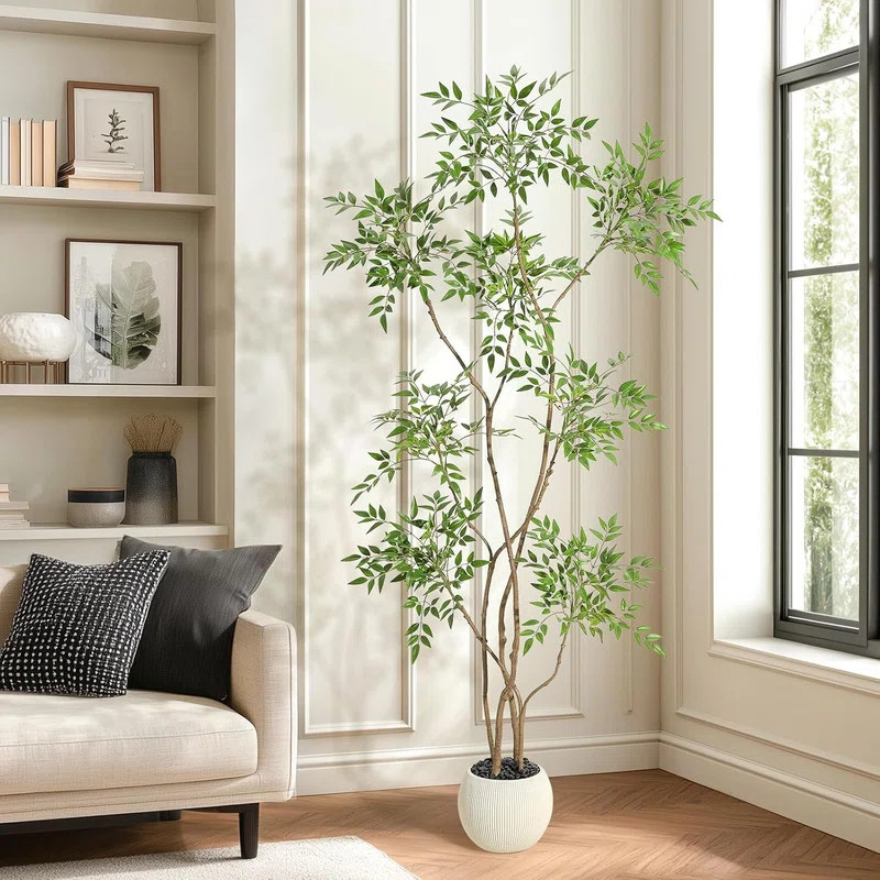 5/6/7ft Artificial Nandina Tree in Pot - Faux Floor Plant with White Planter for Home Office Deco... | Wayfair North America