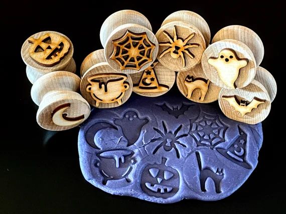 Wooden Halloween Stampers || Set of 9 Playdough Stamps || Kid Sensory Activity || Bat Cauldron Wi... | Etsy (US)