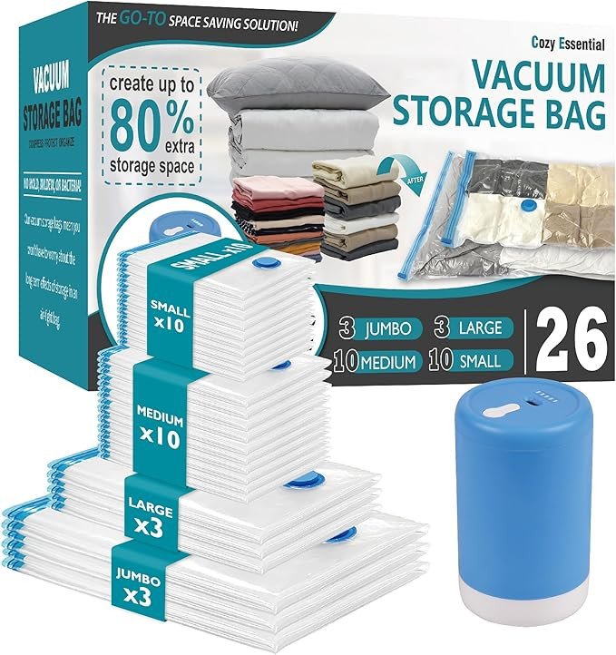 Cozy Essential 26 Pack Vacuum Storage Bags with Portable Electric Pump, Vacuum Seal Space Saver B... | Amazon (US)