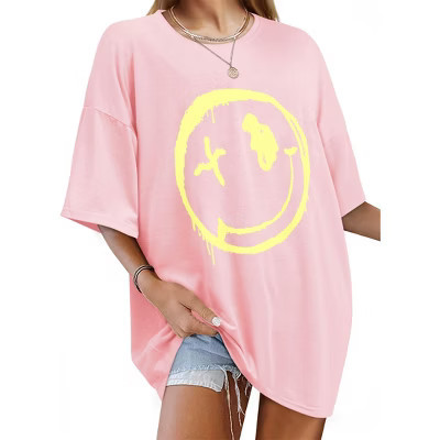 Nlife Women's Happy Smile Face Print Drop Shoulder Crew Neck Short Sleeve Mid-Length Oversize Smiling Graphic T-Shirt Pink L | Target