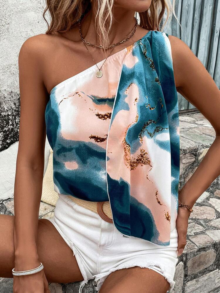 SHEIN Clasi Marble Print One Shoulder Blouse | SHEIN