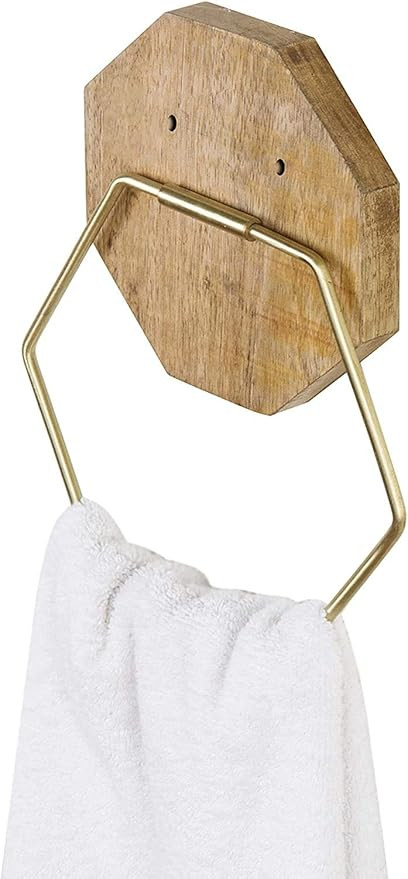 MyGift Brass Tone Metal Hexagon Wall Mounted Bathroom Hand Towel Ring with Mango Wood Geometric B... | Amazon (US)