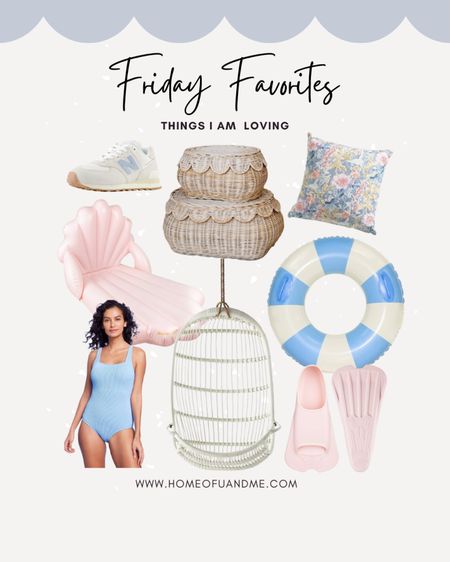 Friday Favorites 🤍 This swimsuit is so flattering and full coverage on the booty, this floral pillow we have in Sydnies room, love these new balance, floaties always, this is the hanging chair we just put up in the bunk room. These fins are really great quality we have had them for over a year. Scallop baskets similar to mine but smaller. 👏🏼🤍 #beach #springbreak #scallops #vacation #coastal 

#LTKstyletip #LTKhome #LTKsalealert