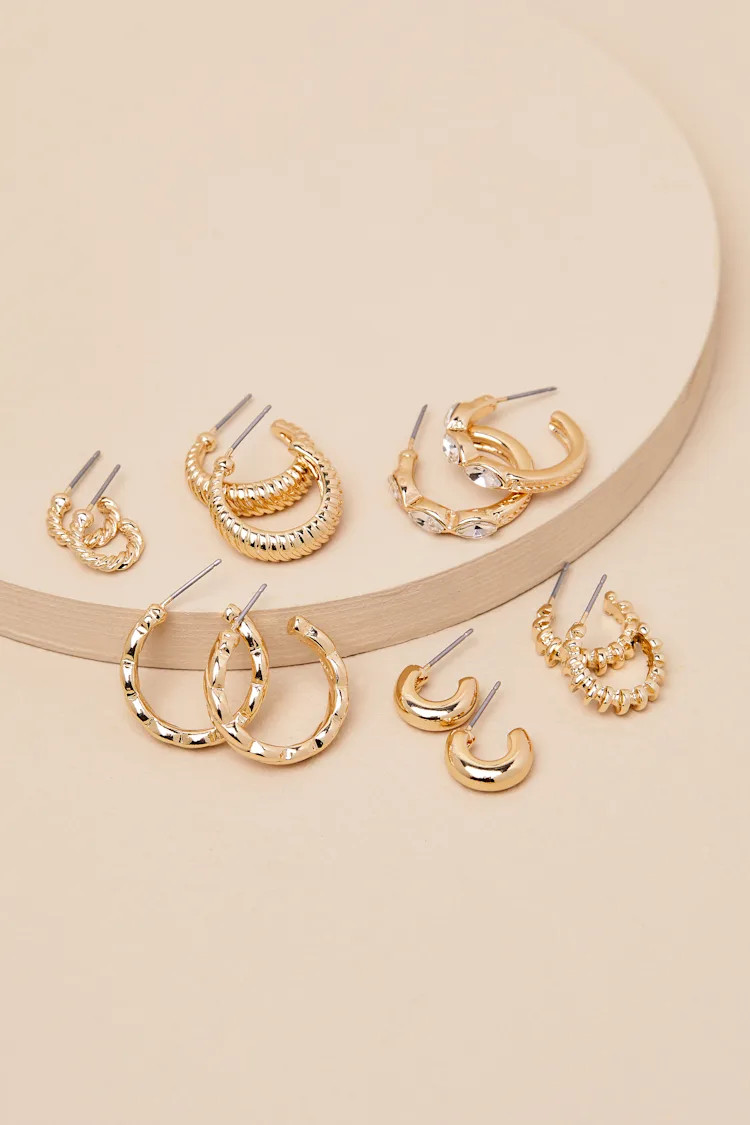 Makana Gold Textured Rhinestone Six-Piece Hoop Earring Set | Lulus