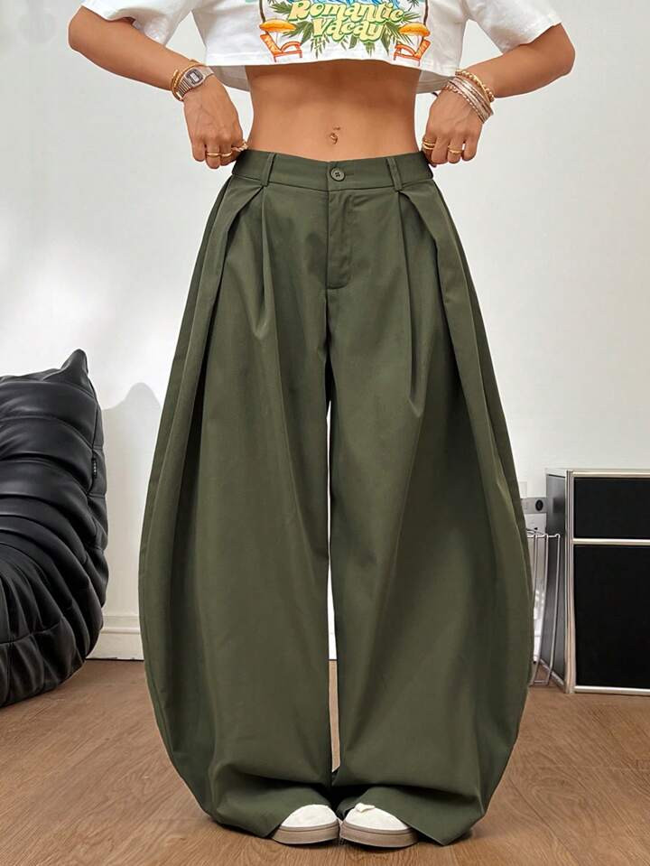 Coolane Women's Summer Vintage Casual Black To School Streetwear Going Out Oversized Army Green Curved Hem Pants Pants Cargo Pants | SHEIN