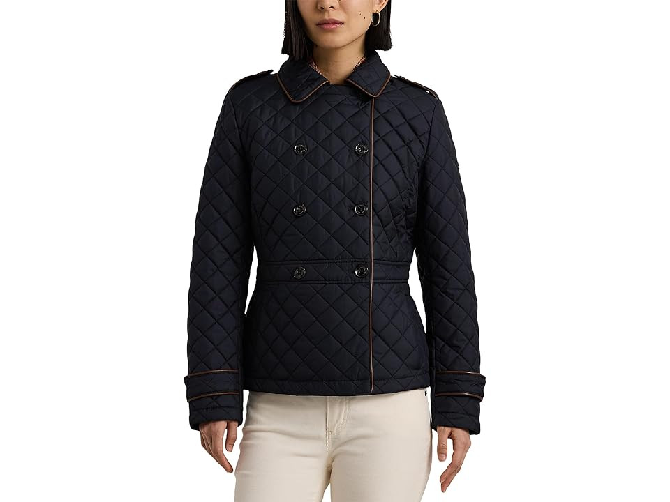 Lauren Ralph Lauren Quilt Short Db Crd Trim Women's Coat Dark Navy : LG, Polyester | Zappos