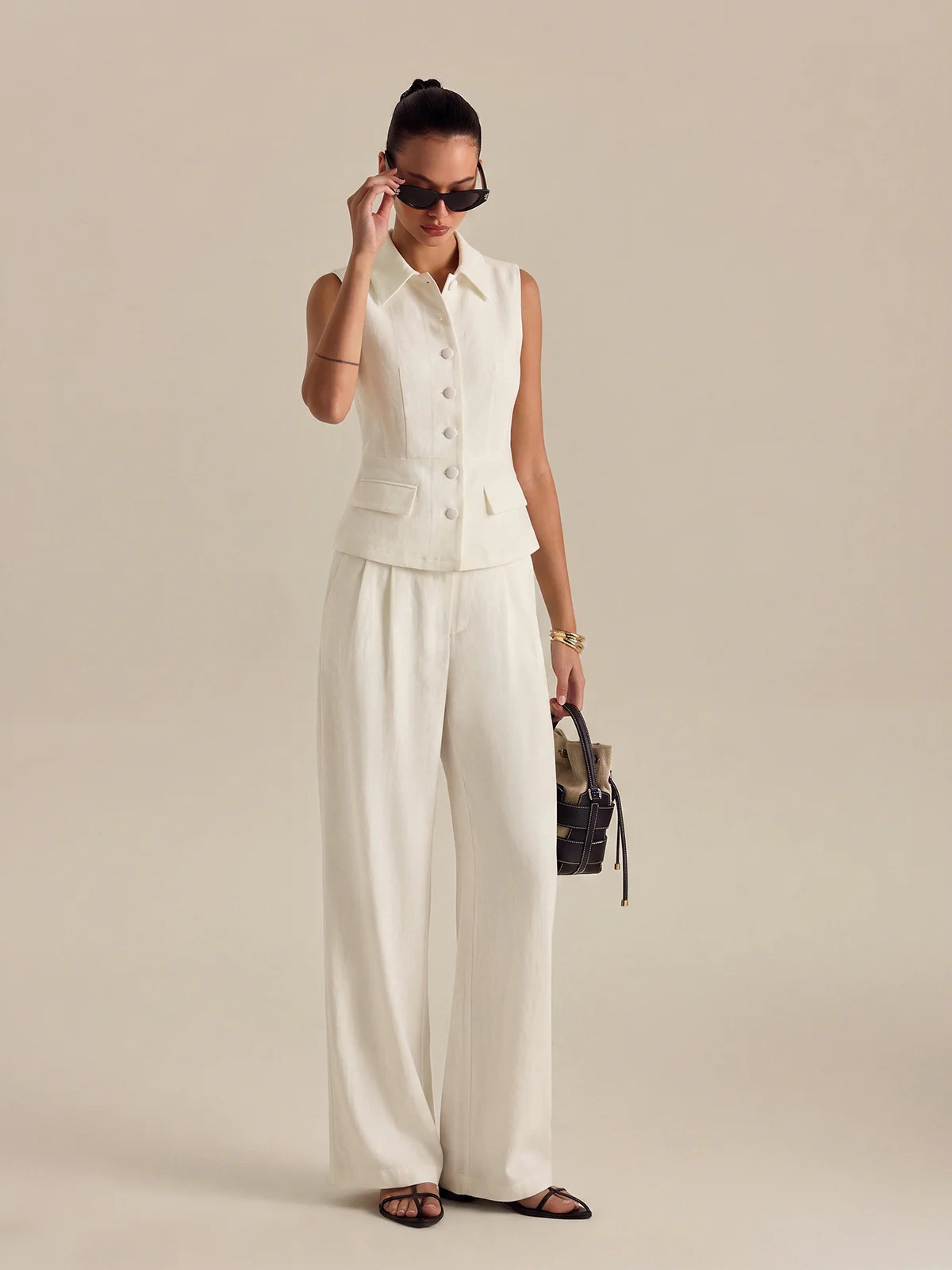 Collared Cotton Linen Vest & Pants Set | Commense
