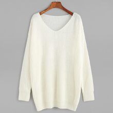 White V Neck Drop Shoulder Sweater | SHEIN
