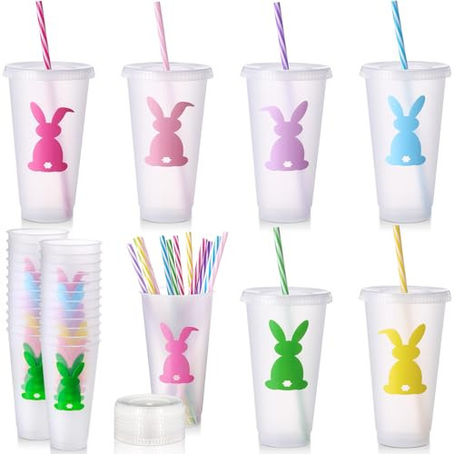 Sunnychicc 12 Pcs Easter Plastic Cups with Lids and Straws Bunny Rabbit Cups Bulk Reusable Tea Coffee Tumbler for Easter Day Party Drinkware Holiday Supplies (24 oz) | Amazon (US)