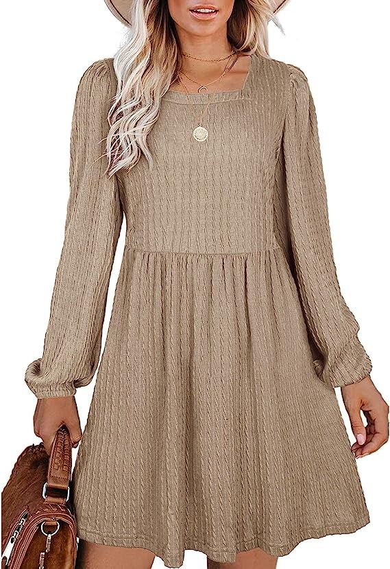 WEESO Womens Knit Dress Square Neck Long Sleeve Tunic Dresses | Amazon (US)