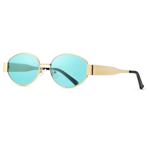 Retro Oval Sunglasses for Womens Men Blue Uv400 Trendy Sunglasses Protective Fashion Classic Tone Light Blue Sunglasses for Women Gold Frame Sunglasses With Blue Lenses | Amazon (US)