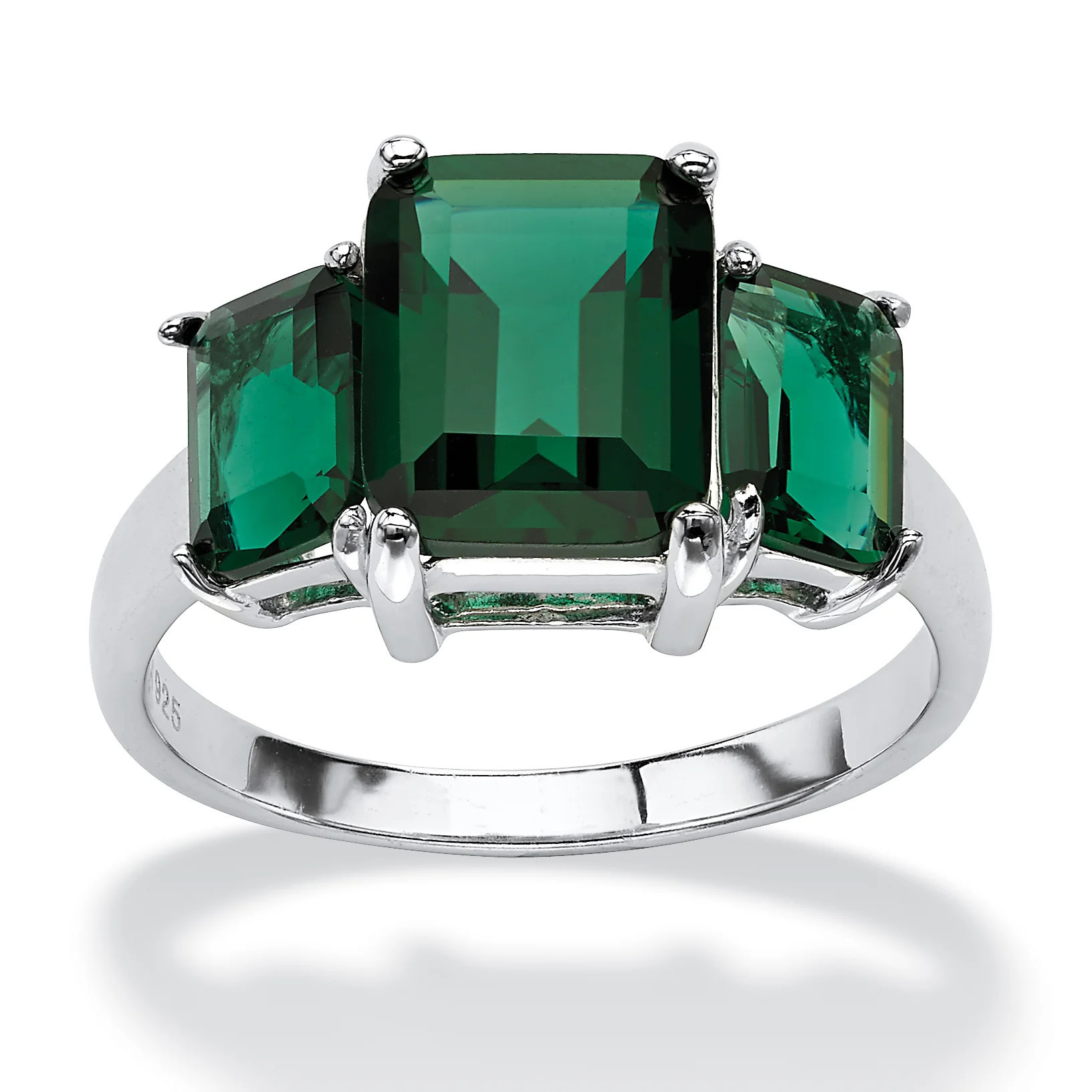 3.60 TCW Emerald-Cut Simulated Green Emerald .925 Sterling Silver 3-Stone Ring | Shop Simon