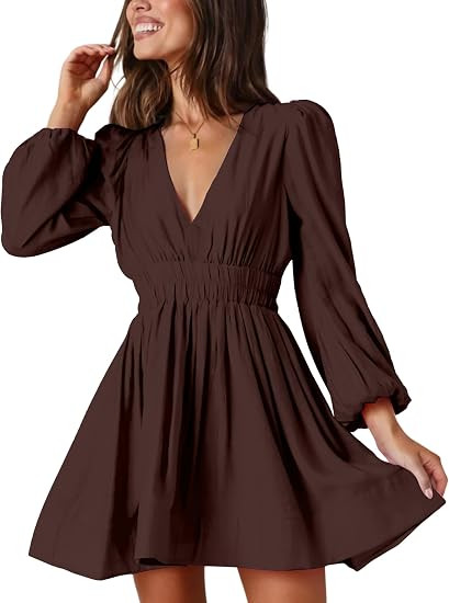 FAIABLE Mini Deep V Sexy Long Sleeve Dress for Women A-line High Waisted Casual Flowy Dress for C... | Amazon (US)