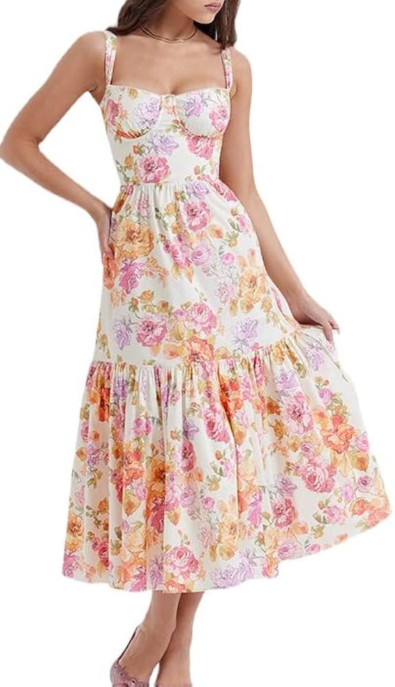 Women Summer Boho Spaghetti Straps Square Neck Midi Dress Floral Print Sleeveless Vintage Tiered ... | Amazon (US)