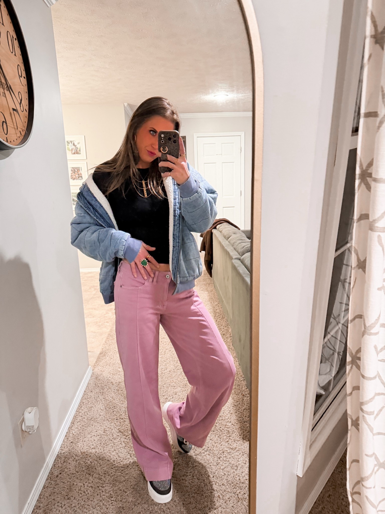 Comfy casual and cozy but also cute 🤌🏼😗🩷
Aerie top and jacket. American eagle jeans. Platform sparkle denim shoes. 
#comfycasuallook #ootd #looksforless  

#LTKSaleAlert #LTKootd #LTKmomlife