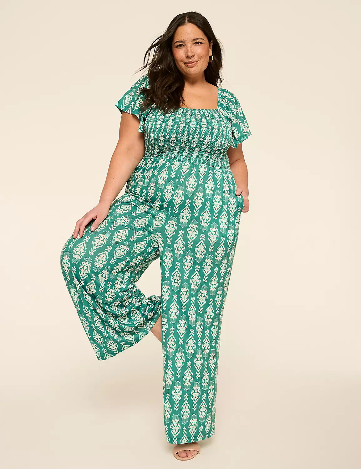 Short-Sleeve Smocked Jumpsuit | Lane Bryant (US)